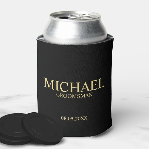 Modern Black and Gold Personalized Groomsman Can Cooler