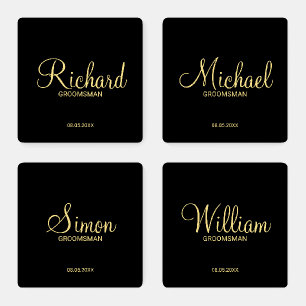 Modern Black and Gold Personalized Groomsman Coaster Set