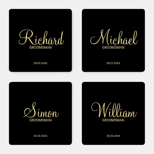 Modern Black and Gold Personalized Groomsman Coaster Set (Set)