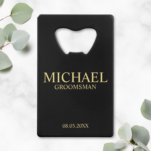 Modern Black and Gold Personalized Groomsman Credit Card Bottle Opener