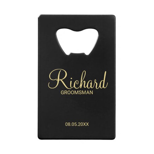 Modern Black and Gold Personalized Groomsman Credit Card Bottle Opener