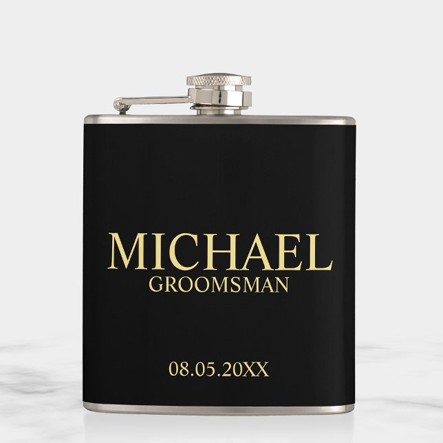 Modern Black and Gold Personalized Groomsman Flask (Creator Uploaded)