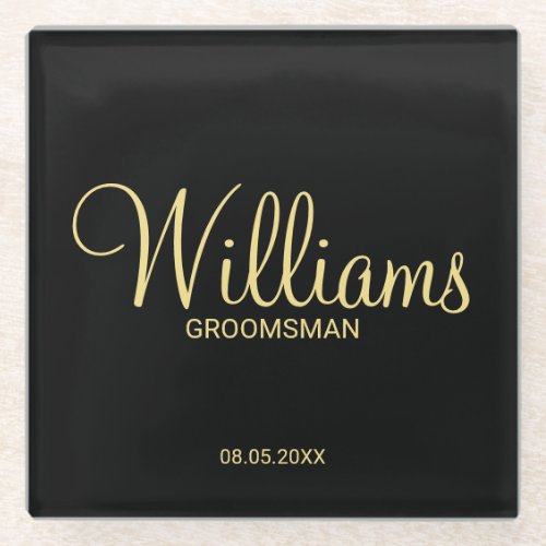 Modern Black and Gold Personalized Groomsman Glass Coaster