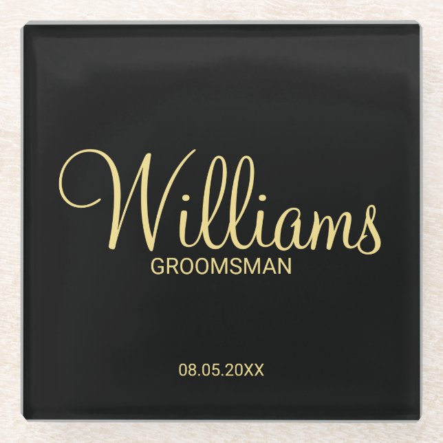 Modern Black and Gold Personalized Groomsman Glass Coaster (Front)