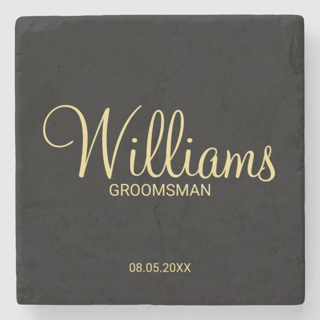 Modern Black and Gold Personalized Groomsman Stone Coaster (Front)