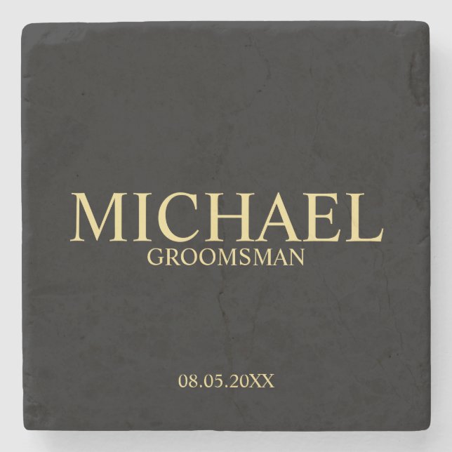 Modern Black and Gold Personalized Groomsman Stone Coaster (Front)
