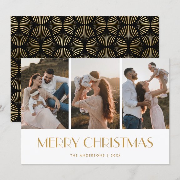Modern Black and Gold Photo Collage Christmas Card
