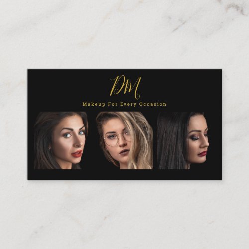 Modern black and gold photo collage makeup artist business card