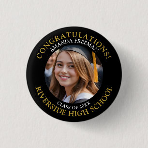 Modern Black and Gold Photo Graduation Button