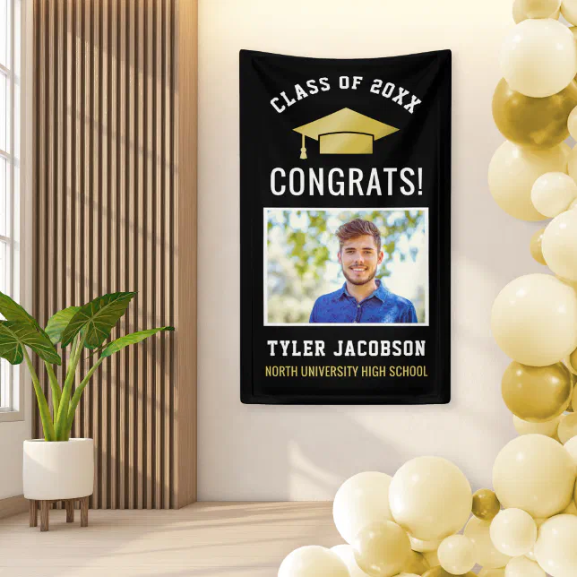 Modern Black and Gold Photo Graduation Party Banner | Zazzle