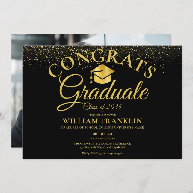 Modern Black And Gold Photo Graduation Party Invitation (Front/Back)