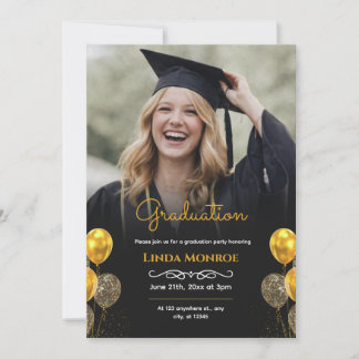 Modern Black and Gold Photo Graduation Party Invitation