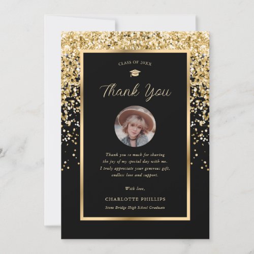 Modern Black and Gold Photo Graduation Thank You Card