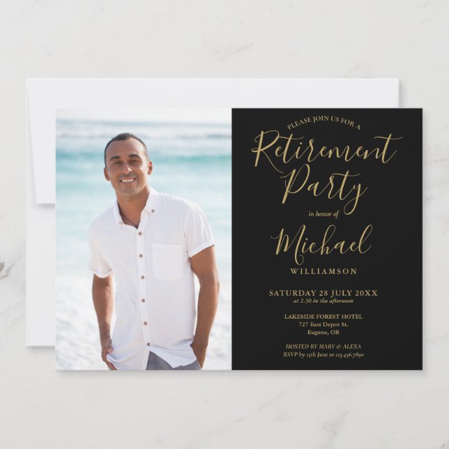 Modern Black And Gold Photo Retirement Party Invitation (Front)