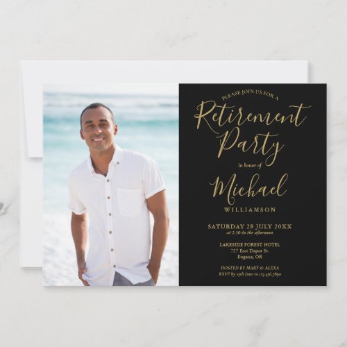 Modern Black And Gold Photo Retirement Party Invitation