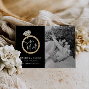 Modern Black and Gold Photo Save the Date Card