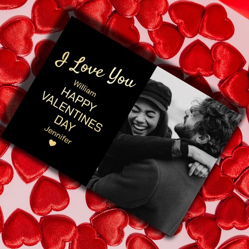 Modern Black And Gold Photo Valentines Day  Foil Holiday Card