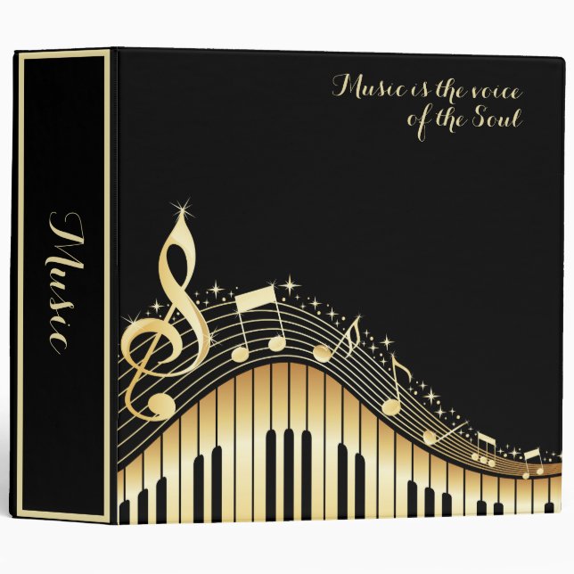 Modern Black and Gold Piano Keyboard and Notes 3 Ring Binder (Front/Spine)