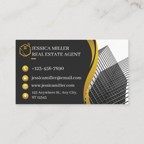 Modern Black and Gold Real Estate Agent  Business Card