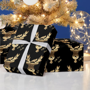Modern Black and Gold Reindeer Cute Christmas Wrapping Paper