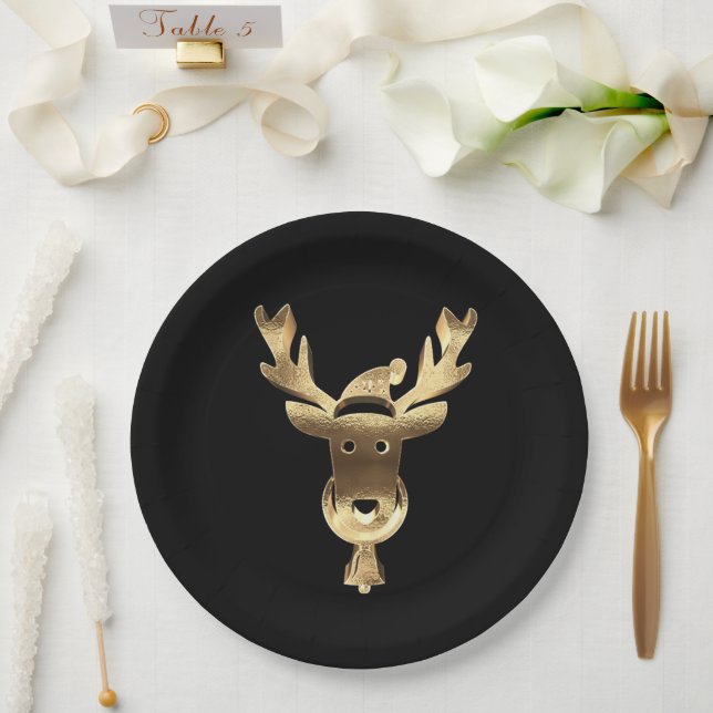 Modern Black and Gold Reindeer Santa Hat Christmas Paper Plates (Wedding)