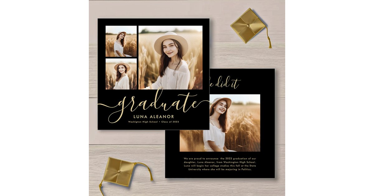 Modern Black and Gold Script 4 Photo Graduation Announcement | Zazzle