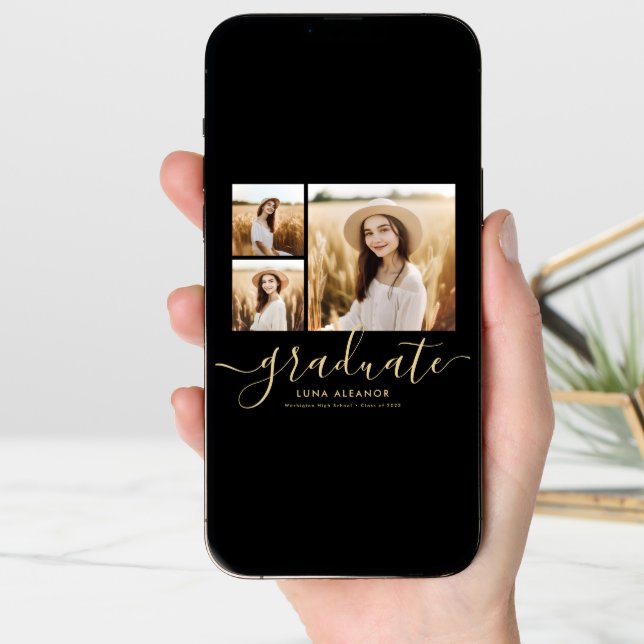 Modern Black and Gold Script 4 Photo Graduation Announcement (Front Digital)