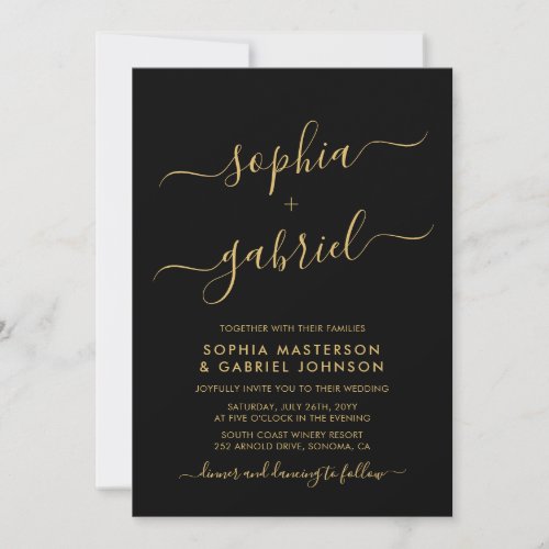 Modern Black and Gold Script Monogram Wedding Invitation