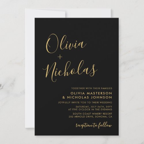 Modern Black and Gold Script Monogram Wedding Invitation