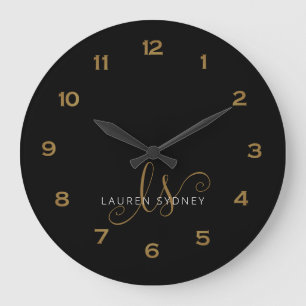Modern Black And Gold  Script Monogrammed Large Clock
