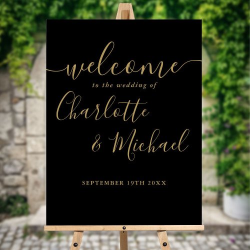 Modern Black And Gold Script Wedding Welcome Sign