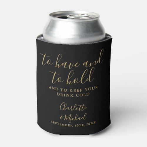 Modern Black And Gold Signature Script Wedding Can Cooler
