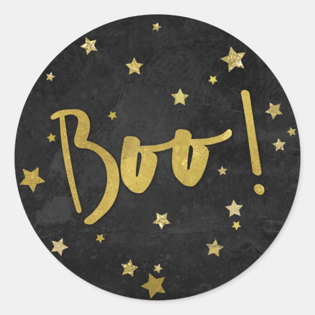 Modern Black and Gold Stars Halloween Boo! Classic Round Sticker (Front)