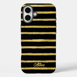 Modern Black and Gold Striped Customizable Name iPhone 16 Plus Case
