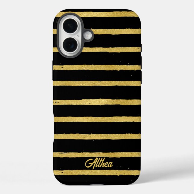 Modern Black and Gold Striped Customizable Name  Case-Mate iPhone Case (Back)