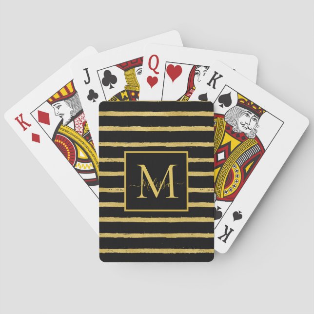 Modern Black and Gold Striped Monogram Name Poker Cards (Back)
