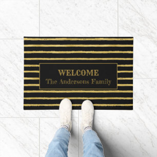 Modern Black and Gold Striped Welcome Family Name Doormat