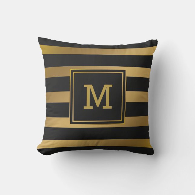 Modern Black and Gold Stripes Monogram Preppy Outdoor Pillow (Front)