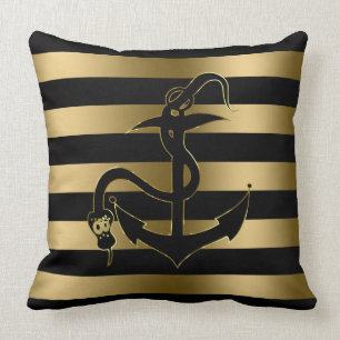 Modern Black And Gold Stripes & Nautical Anchor Throw Pillow