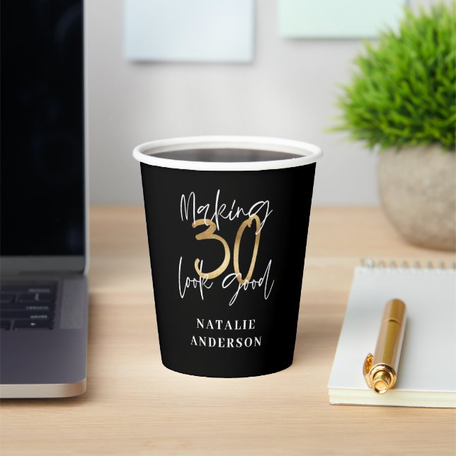modern black and gold stylish 30th birthday party paper cups (Insitu)