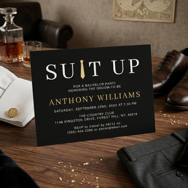 Modern Black and Gold Suit Up Bachelor Party Invitation (Creator Uploaded)