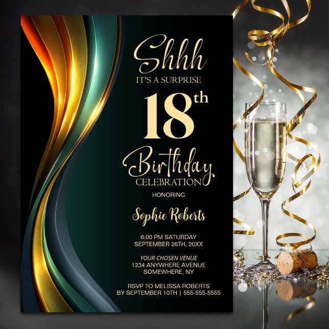 Modern Black and Gold Surprise 18th Birthday Party Invitation (Creator Uploaded)