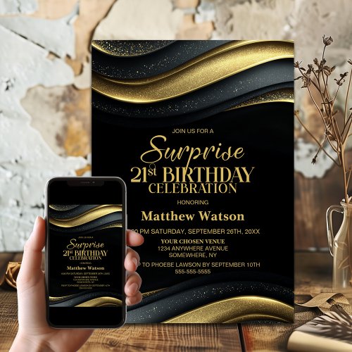 Modern Black and Gold Surprise 21st Birthday Party