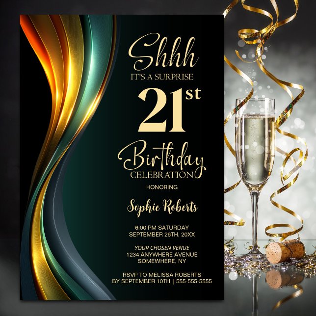 Modern Black and Gold Surprise 21st Birthday Party Invitation (Creator Uploaded)