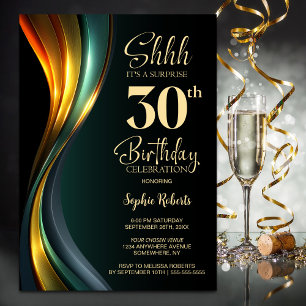Modern Black and Gold Surprise 30th Birthday Party Invitation