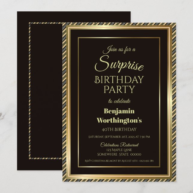Modern Black and Gold Surprise 40th Birthday Party Invitation (Front/Back)
