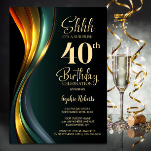 Modern Black and Gold Surprise 40th Birthday Party Invitation