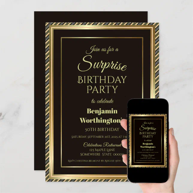 Modern Black and Gold Surprise 50th Birthday Party Invitation | Zazzle