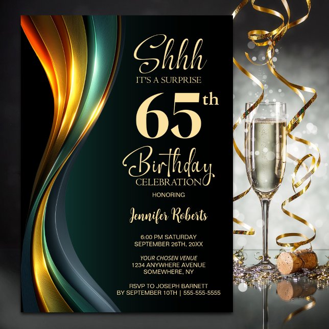 Modern Black and Gold Surprise 65th Birthday Party Invitation (Creator Uploaded)