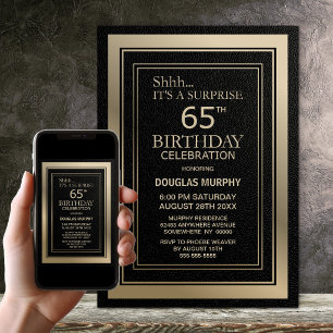 Modern Black and Gold Surprise 65th Birthday Party Invitation